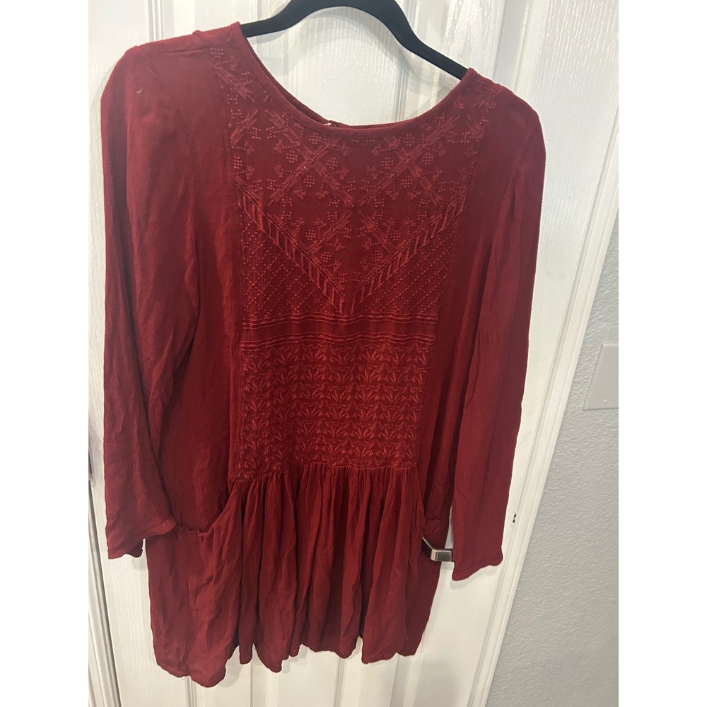 World Market Tunic Dress Burgundy Red Embroidered Long Sleeve Boho Pockets S/M